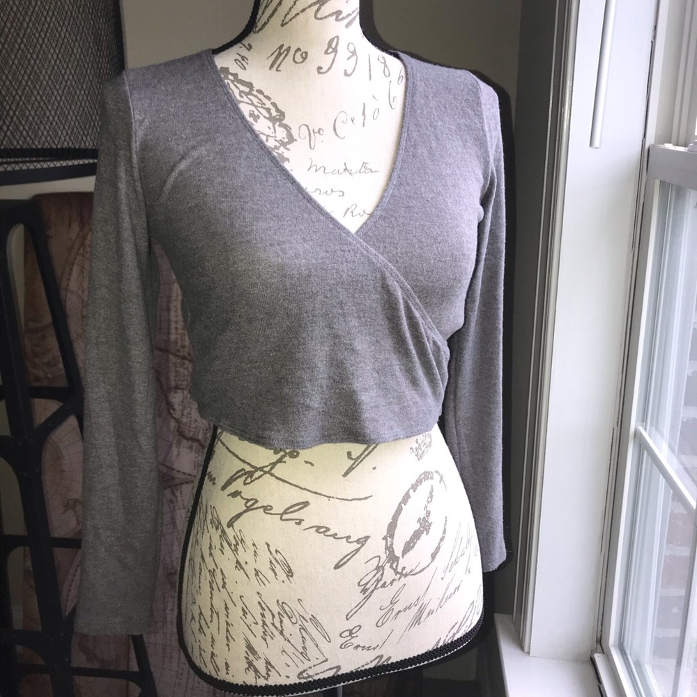 A&F gray soft cropped wrap long sleeve top